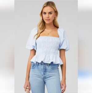 Smocked Squareneck Peasant Blouse (Blue S)